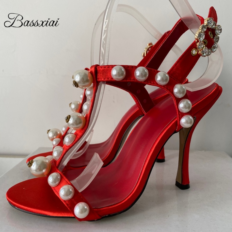 Strappy Heeled Sandals - Perle perle décor t-strap talon aiguille